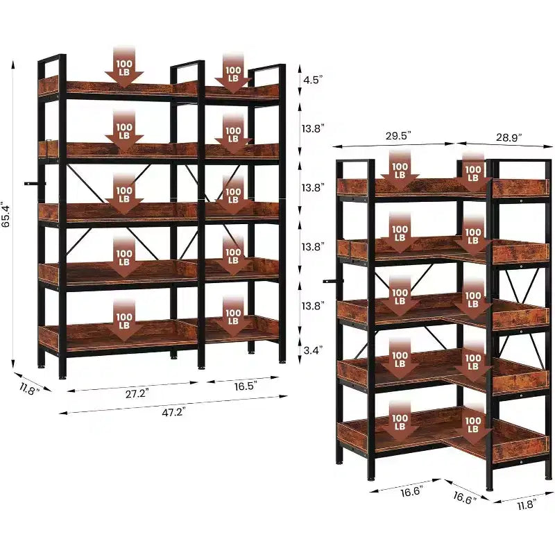Étagère d'angle industrielle en L à 5 niveaux, cadre métallique, pieds réglables, marron rustique