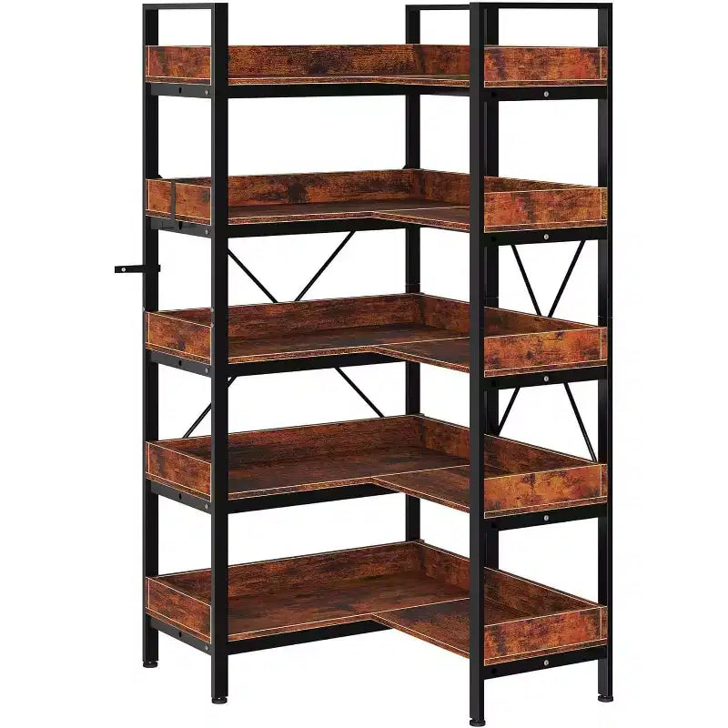 Étagère d'angle industrielle en L à 5 niveaux, cadre métallique, pieds réglables, marron rustique