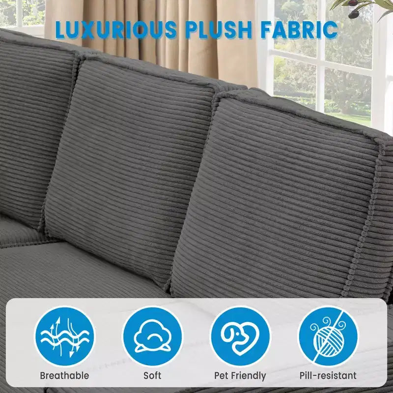 Canapé modulaire 4 places avec méridienne, velours côtelé moelleux, assise profonde, gris