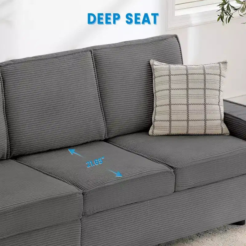 Canapé modulaire 4 places avec méridienne, velours côtelé moelleux, assise profonde, gris