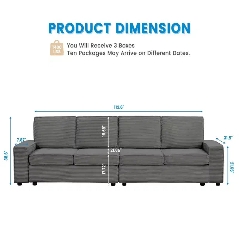 Canapé modulaire 4 places avec méridienne, velours côtelé moelleux, assise profonde, gris