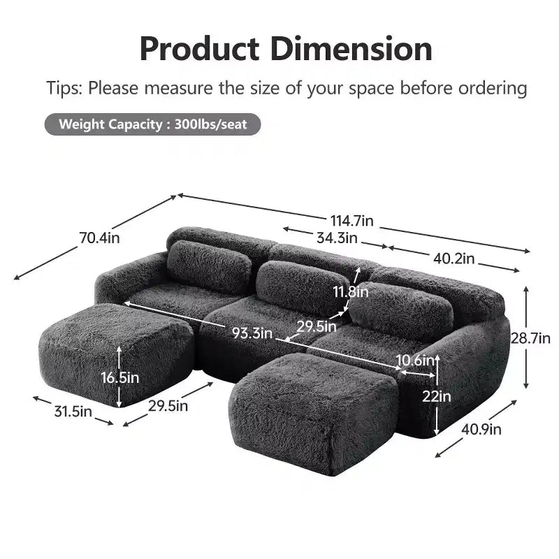 Canapé d'angle modulable avec 2 poufs, canapé-lit profond