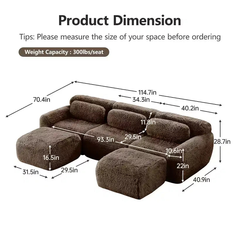 Canapé d'angle modulable avec 2 poufs, canapé-lit profond