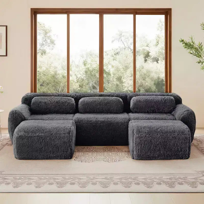 Canapé d'angle modulable avec 2 poufs, canapé-lit profond