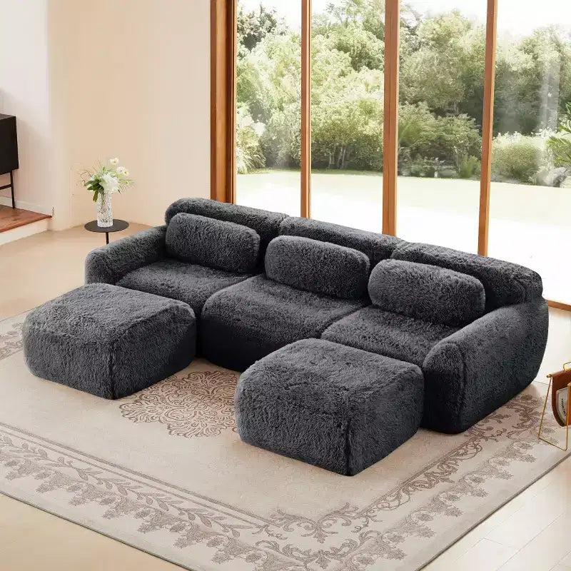 Canapé d'angle modulable avec 2 poufs, canapé-lit profond