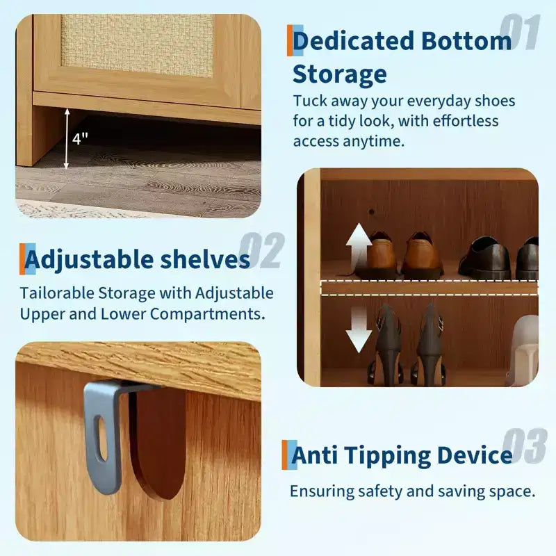 Meuble à Chaussures en Rotin, Porte Ventilée Aspect Bois, Étagères Réglables, Couloir