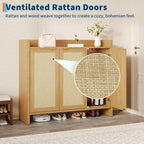Meuble à Chaussures en Rotin, Porte Ventilée Aspect Bois, Étagères Réglables, Couloir