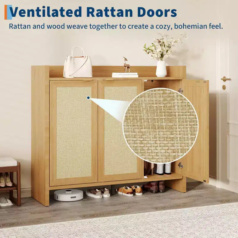 Meuble à Chaussures en Rotin, Porte Ventilée Aspect Bois, Étagères Réglables, Couloir