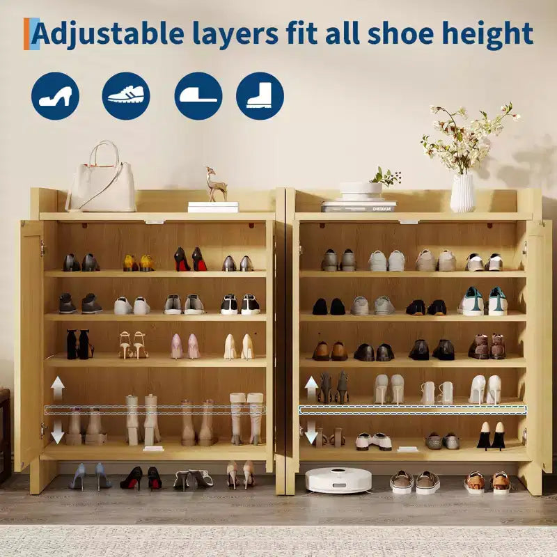 Meuble à Chaussures en Rotin, Porte Ventilée Aspect Bois, Étagères Réglables, Couloir