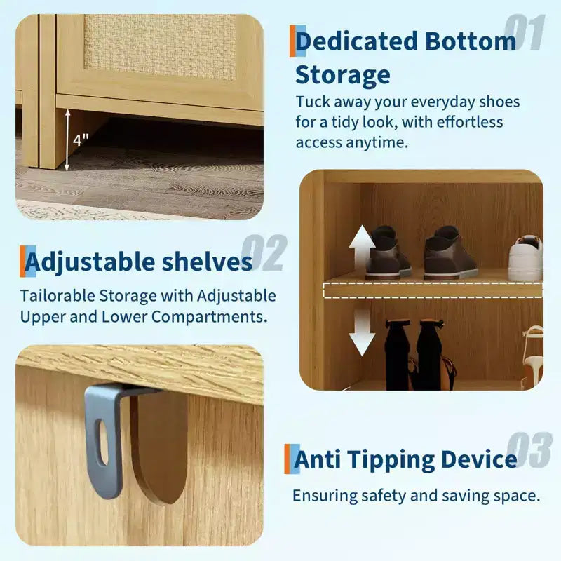 Meuble à Chaussures en Rotin, Porte Ventilée Aspect Bois, Étagères Réglables, Couloir