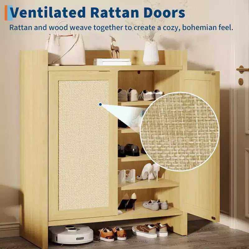 Meuble à Chaussures en Rotin, Porte Ventilée Aspect Bois, Étagères Réglables, Couloir