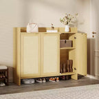 Meuble à Chaussures en Rotin, Porte Ventilée Aspect Bois, Étagères Réglables, Couloir