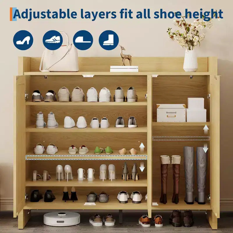 Meuble à Chaussures en Rotin, Porte Ventilée Aspect Bois, Étagères Réglables, Couloir