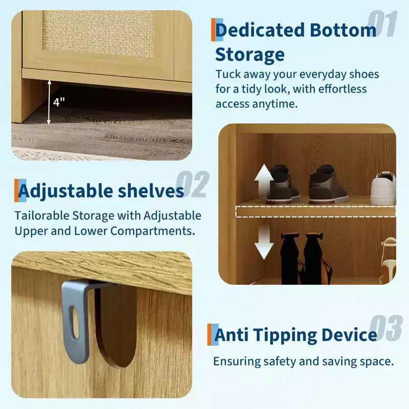 Meuble à Chaussures en Rotin, Porte Ventilée Aspect Bois, Étagères Réglables, Couloir