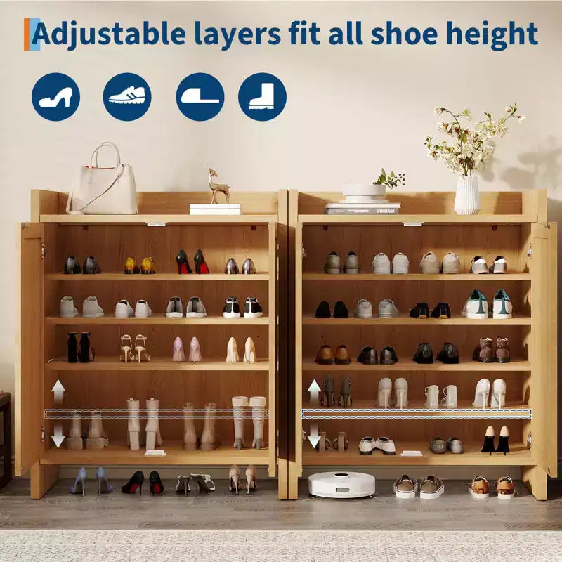 Meuble à Chaussures en Rotin, Porte Ventilée Aspect Bois, Étagères Réglables, Couloir