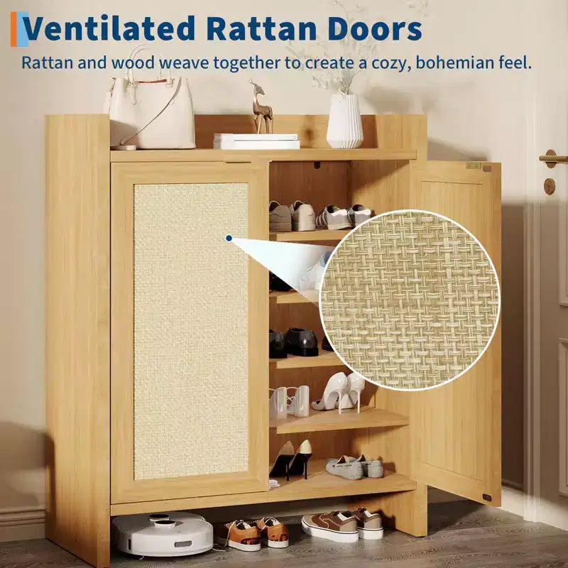 Meuble à Chaussures en Rotin, Porte Ventilée Aspect Bois, Étagères Réglables, Couloir