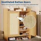 Meuble à Chaussures en Rotin, Porte Ventilée Aspect Bois, Étagères Réglables, Couloir