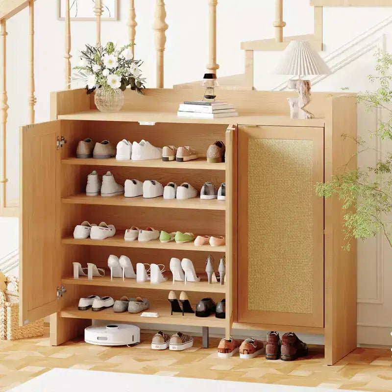 Meuble à Chaussures en Rotin, Porte Ventilée Aspect Bois, Étagères Réglables, Couloir