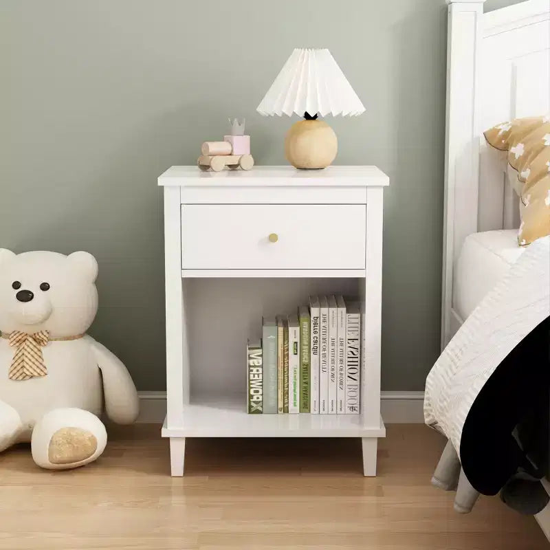 Table de chevet en bois de 68 cm avec tiroir et étagère ouverte, poignées métalliques, pour enfants et adultes
