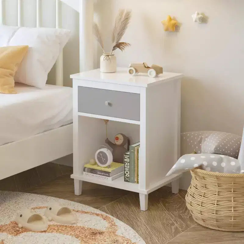 Table de chevet en bois de 68 cm avec tiroir et étagère ouverte, poignées métalliques, pour enfants et adultes