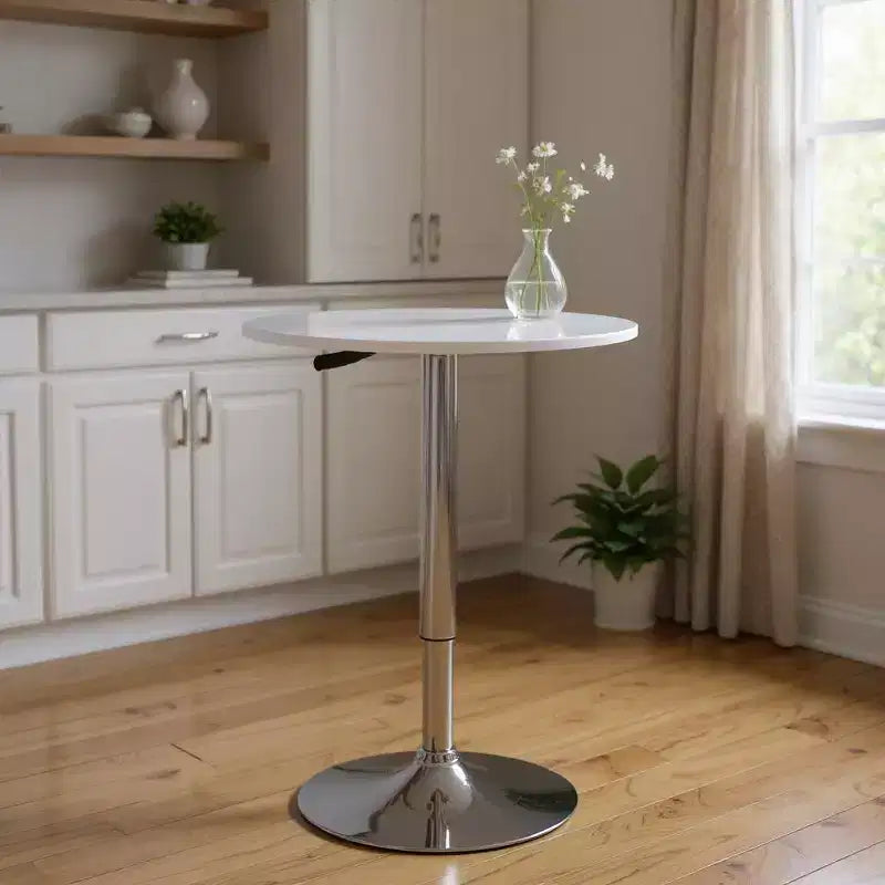 Table de bar 24" en bois et fer, blanc et argent, à bords arrondis
