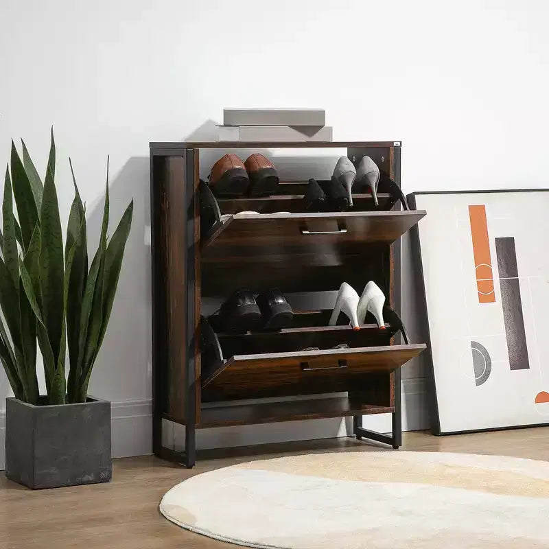 Meuble à chaussures industriel avec 2 tiroirs basculants, meuble de rangement pour 12 paires de chaussures, étagère à chaussures étroite et mince pour l'entrée, le couloir