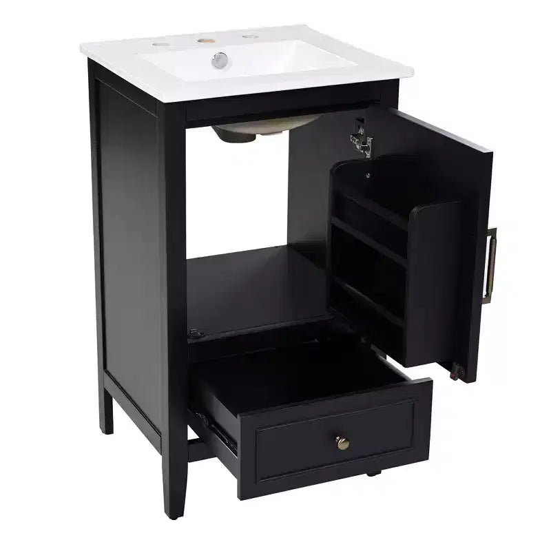 Meuble-lavabo de salle de bain compact avec rangement, meuble de salle de bain en bois avec tiroirs et porte, noir