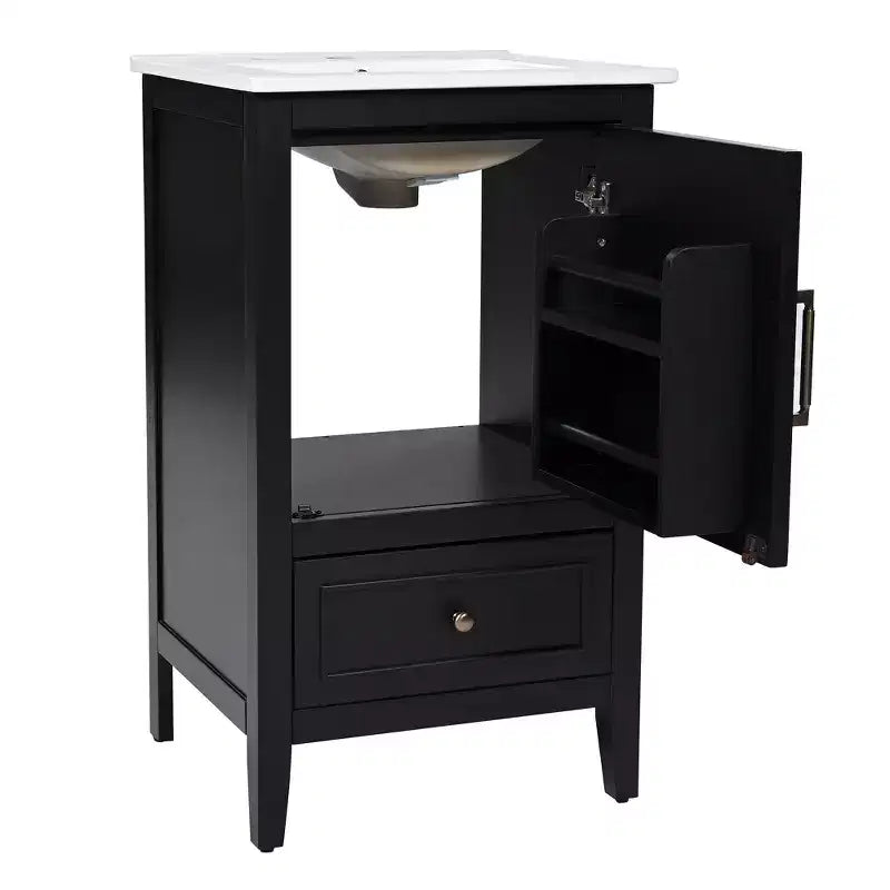 Meuble-lavabo de salle de bain compact avec rangement, meuble de salle de bain en bois avec tiroirs et porte, noir