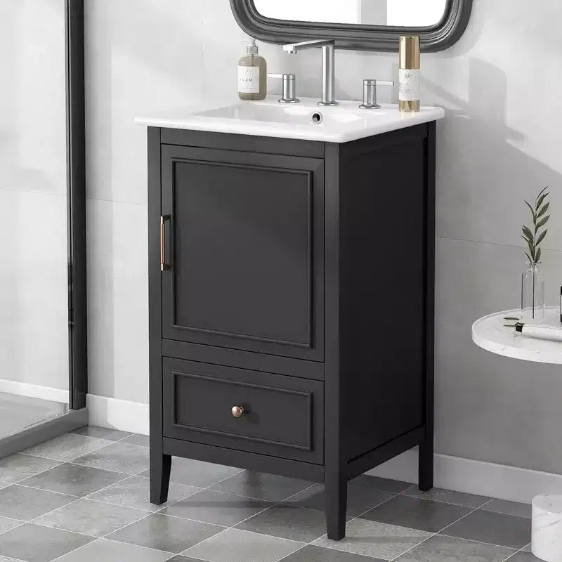 Meuble-lavabo de salle de bain compact avec rangement, meuble de salle de bain en bois avec tiroirs et porte, noir