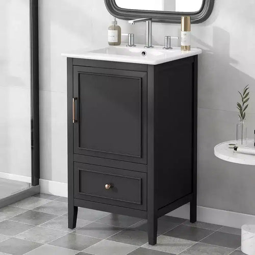 Meuble-lavabo de salle de bain compact avec rangement, meuble de salle de bain en bois avec tiroirs et porte, noir