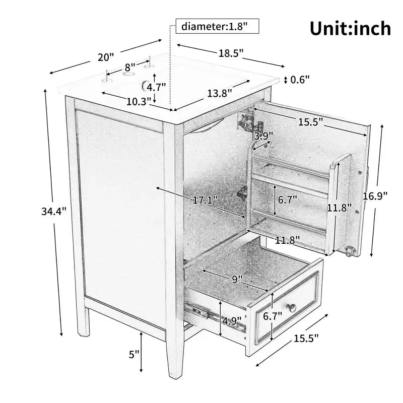Meuble-lavabo de salle de bain compact avec rangement, meuble de salle de bain en bois avec tiroirs et porte, noir
