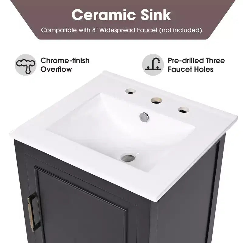 Meuble-lavabo de salle de bain compact avec rangement, meuble de salle de bain en bois avec tiroirs et porte, noir
