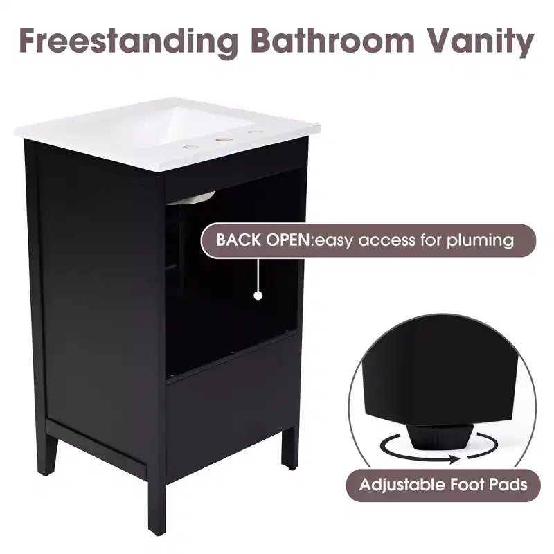 Meuble-lavabo de salle de bain compact avec rangement, meuble de salle de bain en bois avec tiroirs et porte, noir