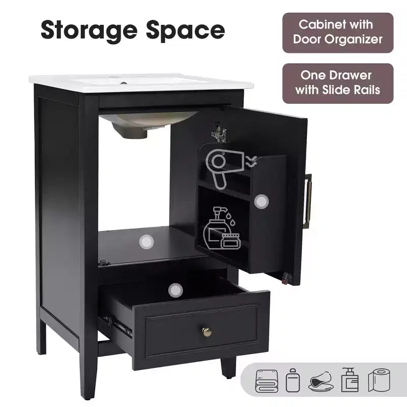 Meuble-lavabo de salle de bain compact avec rangement, meuble de salle de bain en bois avec tiroirs et porte, noir