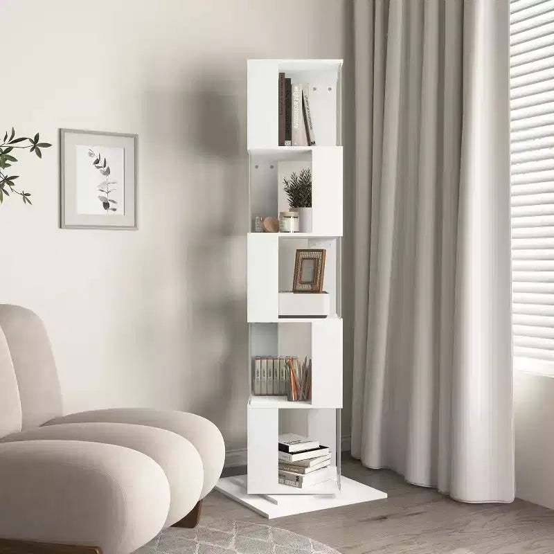 Bibliothèque rotative à 6 niveaux à 360°, étagère étroite en bois avec panneaux en acrylique, organiseur de sol pour chambre, salon, bureau