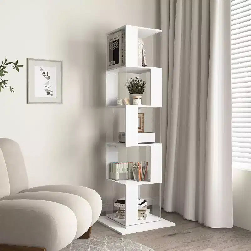 Bibliothèque rotative à 6 niveaux à 360°, étagère étroite en bois avec panneaux en acrylique, organiseur de sol pour chambre, salon, bureau