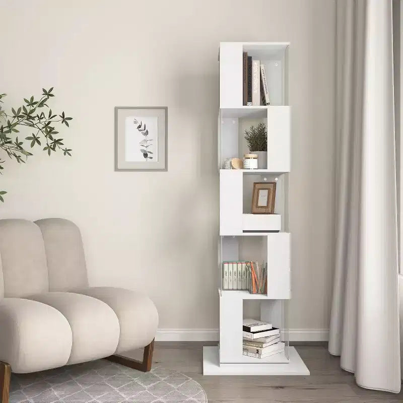 Bibliothèque rotative à 6 niveaux à 360°, étagère étroite en bois avec panneaux en acrylique, organiseur de sol pour chambre, salon, bureau