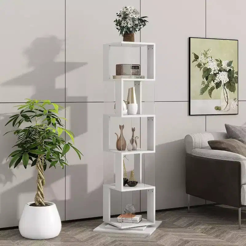 Bibliothèque rotative à 6 niveaux à 360°, étagère étroite en bois avec panneaux en acrylique, organiseur de sol pour chambre, salon, bureau