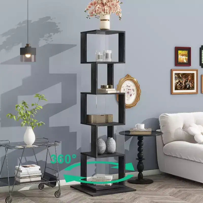 Bibliothèque rotative à 6 niveaux à 360°, étagère étroite en bois avec panneaux en acrylique, organiseur de sol pour chambre, salon, bureau