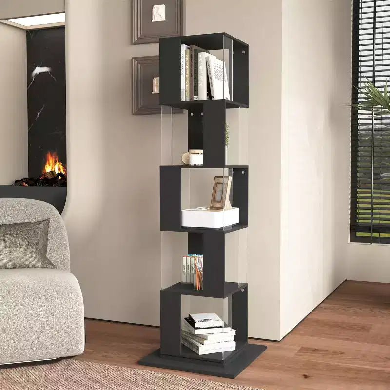 Bibliothèque rotative à 6 niveaux à 360°, étagère étroite en bois avec panneaux en acrylique, organiseur de sol pour chambre, salon, bureau