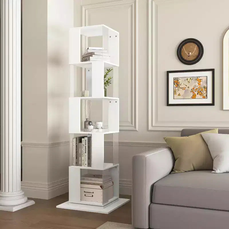 Bibliothèque rotative à 6 niveaux à 360°, étagère étroite en bois avec panneaux en acrylique, organiseur de sol pour chambre, salon, bureau