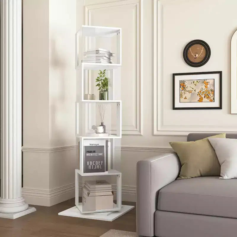 Bibliothèque rotative à 6 niveaux à 360°, étagère étroite en bois avec panneaux en acrylique, organiseur de sol pour chambre, salon, bureau
