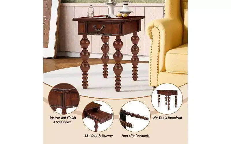 Table d'appoint de ferme avec tiroir, pieds tournés en forme de bulle et plateau en bois imperméable