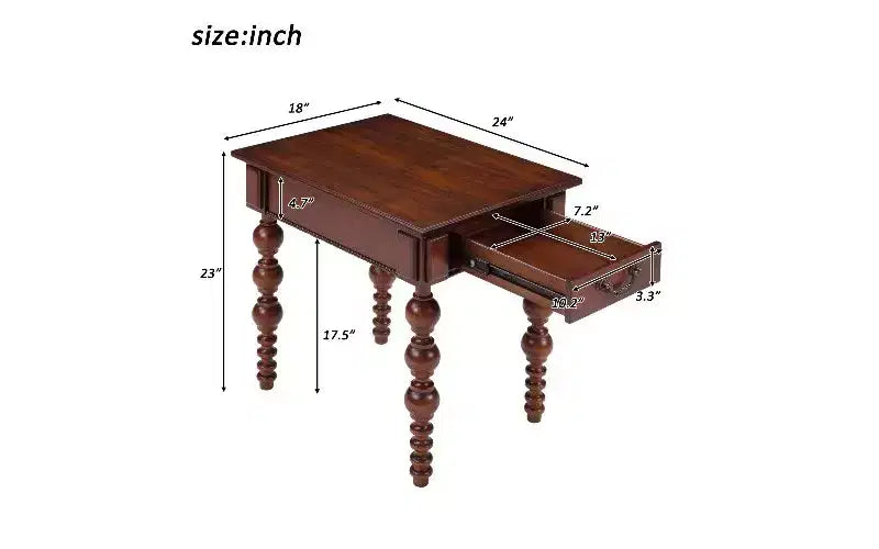 Table d'appoint de ferme avec tiroir, pieds tournés en forme de bulle et plateau en bois imperméable