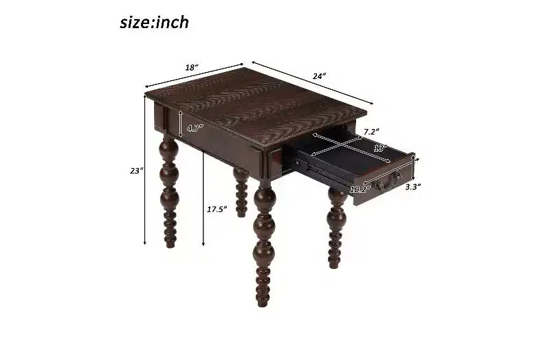 Table d'appoint de ferme avec tiroir, pieds tournés en forme de bulle et plateau en bois imperméable