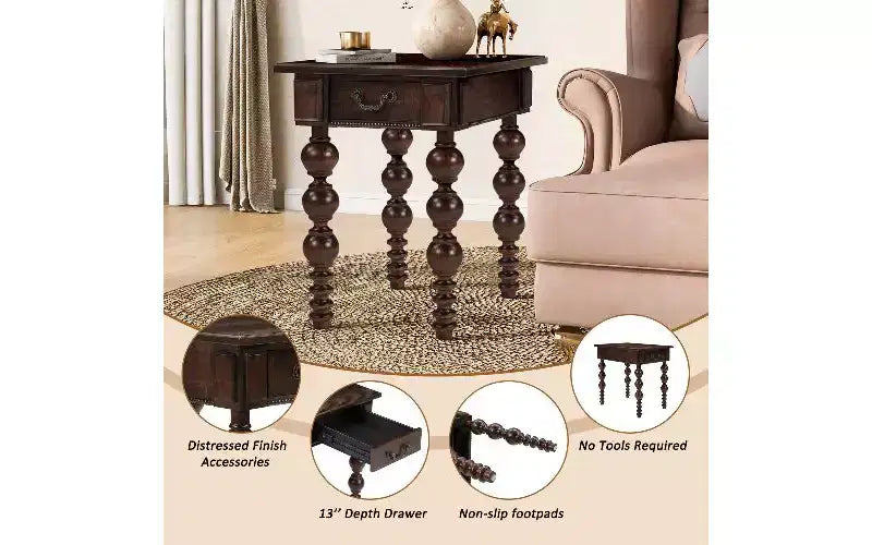 Table d'appoint de ferme avec tiroir, pieds tournés en forme de bulle et plateau en bois imperméable