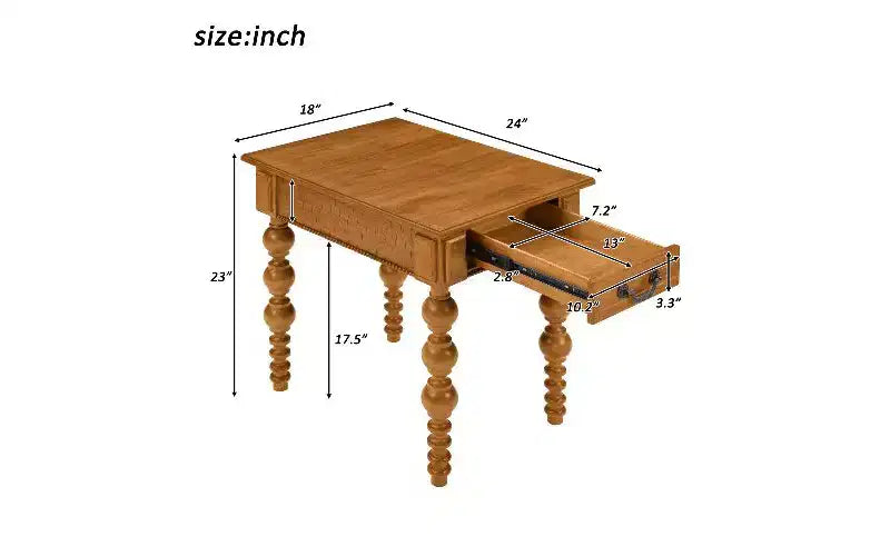 Table d'appoint de ferme avec tiroir, pieds tournés en forme de bulle et plateau en bois imperméable