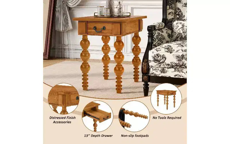 Table d'appoint de ferme avec tiroir, pieds tournés en forme de bulle et plateau en bois imperméable