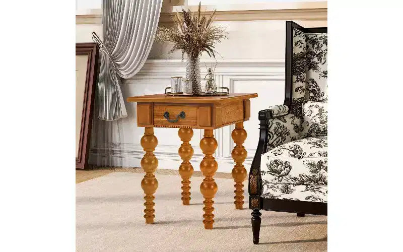 Table d'appoint de ferme avec tiroir, pieds tournés en forme de bulle et plateau en bois imperméable