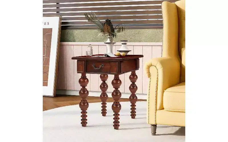Table d'appoint de ferme avec tiroir, pieds tournés en forme de bulle et plateau en bois imperméable